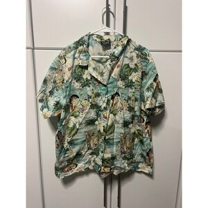 Shannon Marie Hawaiian Shirt Teal Tropical Hula Dancer‎ Print Made in Hawaii XL